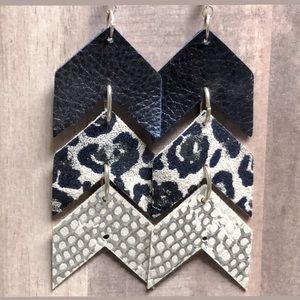 Custom leather earrings - Navy blue, leopard print and silver